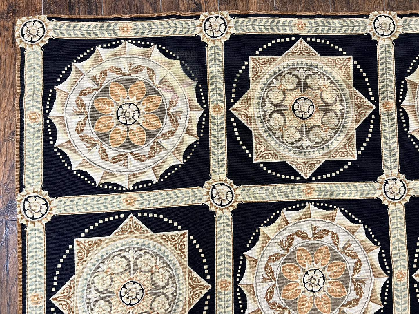 Needlepoint Rug 8x10, Black Tan Beige, Panel Design, Wool Handwoven Handmade Flatweave Needlepoint Carpet, Vintage French European Rug