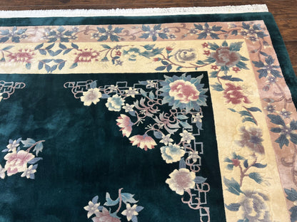 Chinese Art Deco Rug 9x12, Wool Hand Knotted Vintage Carpet, Dark Green & Cream, 90 Line Carving Rug