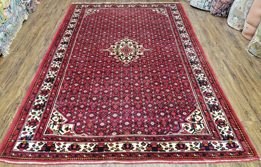 Vintage Persian Hamedan Rug 7x10, Angelas Mahi Pattern, Red, Wool, Hand-Knotted