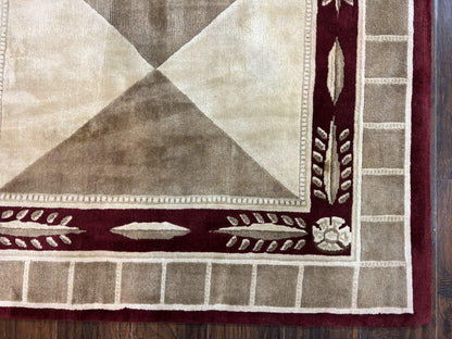 Indo Tibetan Rug 10x14, Nepali Carpet, Large Soft Wool Area Rug, Olive Tan Maroon, Contemporary Rug 10 x 14 ft Living Room Rug, Handmade Rug