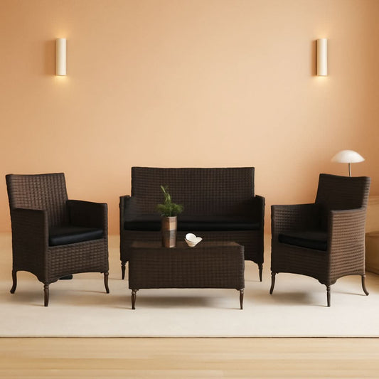 4 Piece Rattan Patio Set With Tempered Glass Table