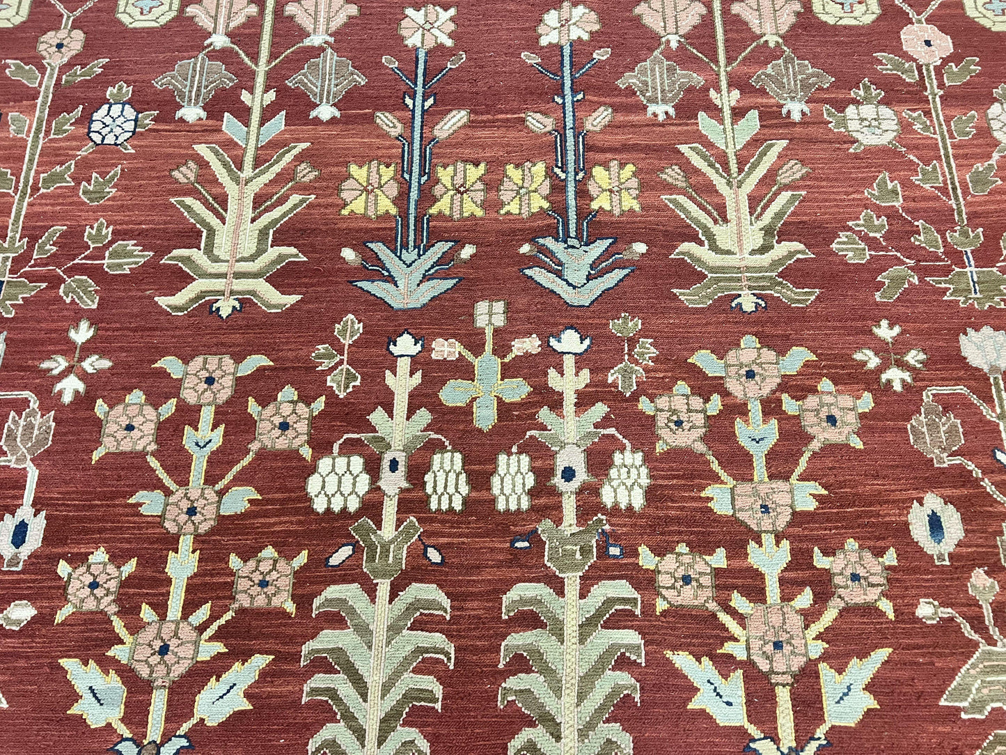 Indian Rug 10x14, Wool Hand Knotted Flatweave Carpet, Tree of Life, Red and Green