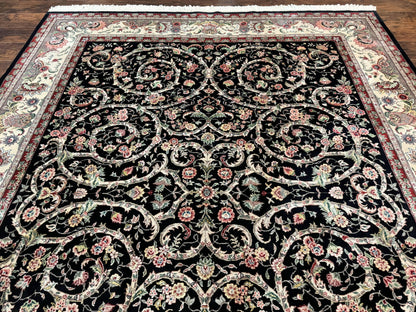 Black Pak Persian Rug 8x11, Floral Pattern, Hand Knotted Vintage Wool Rug with Silk Highlights, Fine 200 KPSI