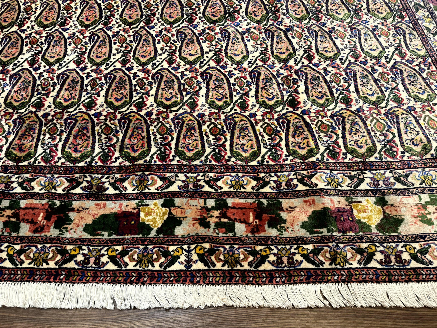 Persian Rug 8x11, Boteh Design, Repeated Paisleys, Persian Kurdish Rug, Bird Pictorials, Rare Antique Persian Kurdish Sannadaji Carpet