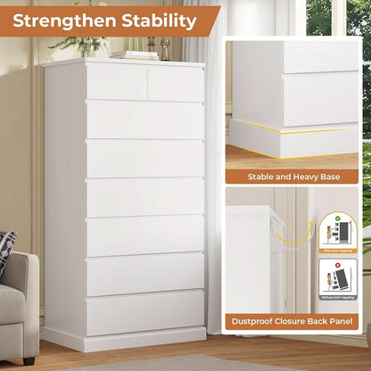 White Tall Dresser With 8 Drawers 59.7 Inch Vertical Bedroom Storage