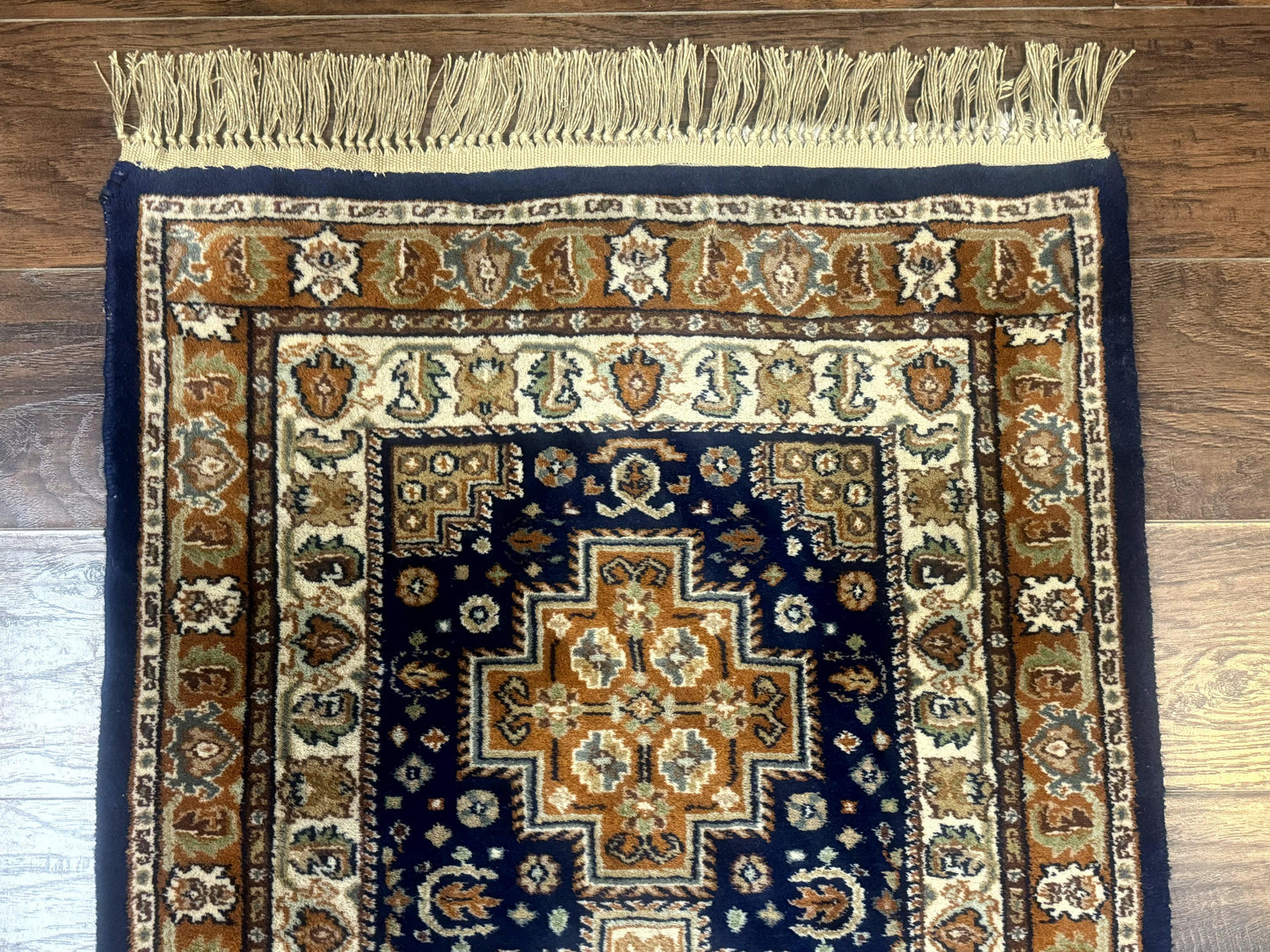Indo Persian Runner Rug 2.6 x 12.7, Indian Kashmiri Runner for Hallway or Kitchen, Navy Blue, Geometric Medallions, Handmade Wool