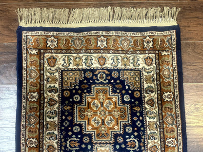 Indo Persian Runner Rug 2.6 x 12.7, Indian Kashmiri Runner for Hallway or Kitchen, Navy Blue, Geometric Medallions, Handmade Wool