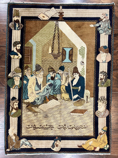 Persian Tabriz Pictorial Rug 3x5, Wall Hanging Carpet, Very Fine 60 Raj 475 KPSI, Hand Knotted Vintage Semi Antique, Wool, Persian Poetry