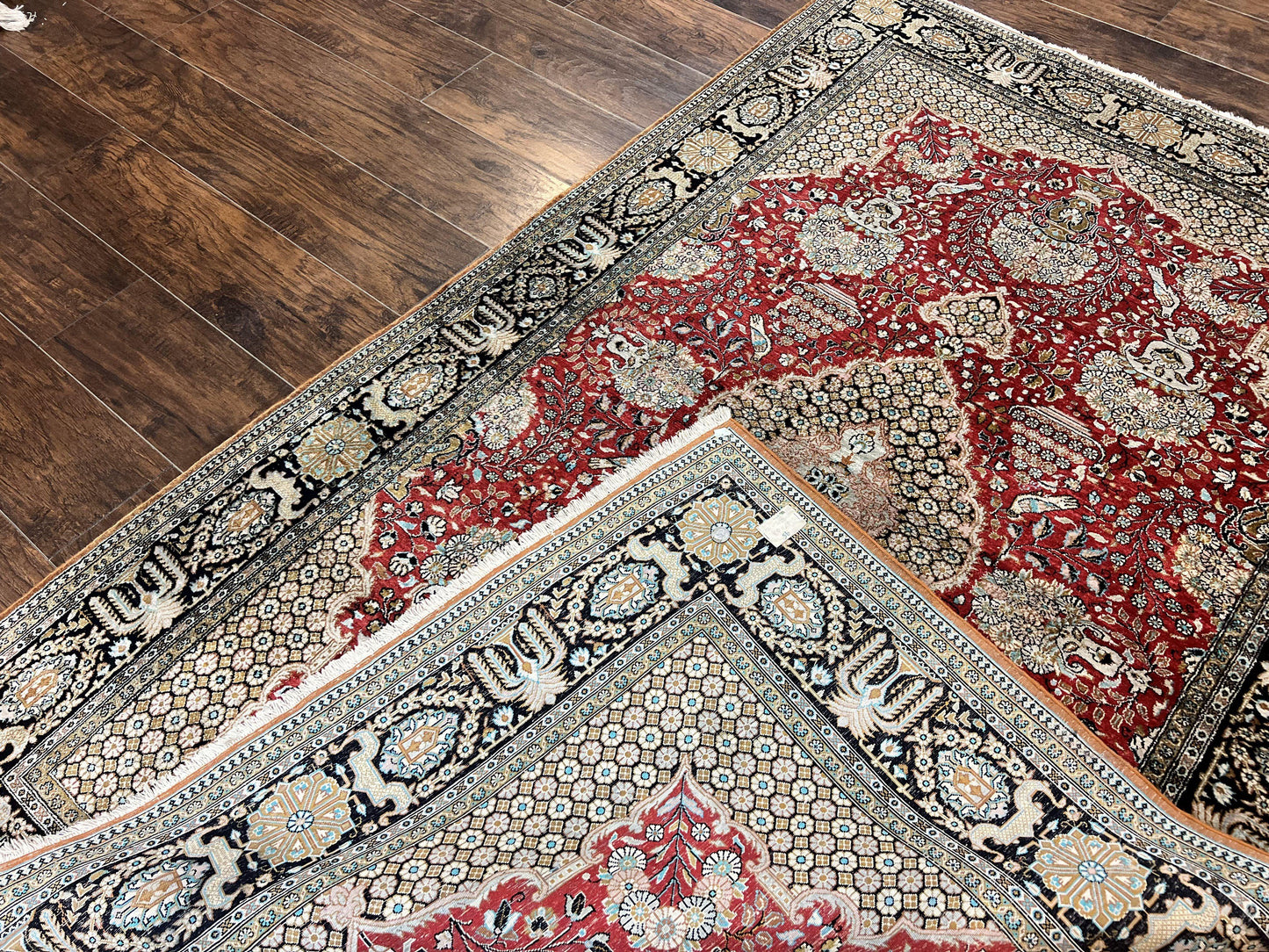 Wonderful Persian Silk Rug 5x7, Birds Floral Vases, Red, Hand Knotted Silk Fine Oriental Carpet, Handmade Vintage, Persian Qum Rug, 400 KPSI