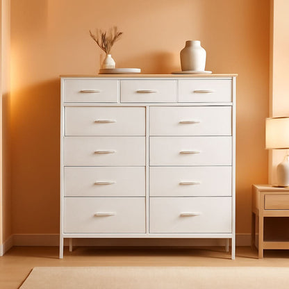 Compact 12 Drawer Dresser With Fabric Drawers And Wood Top
