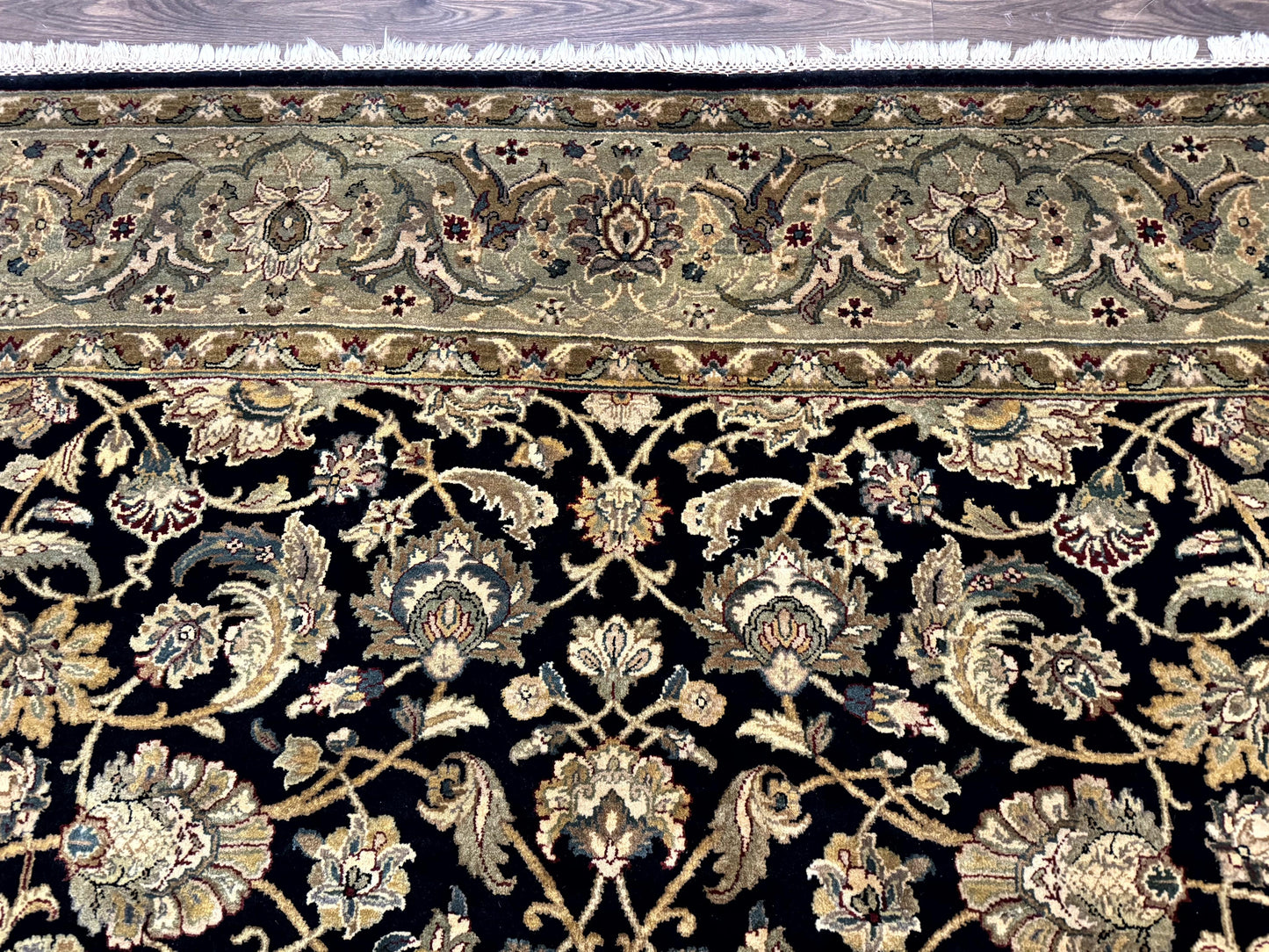 Indo Persian Rug 8x10, Black and Green, Wool, Handmade, Traditional, Floral Allover, Vintage