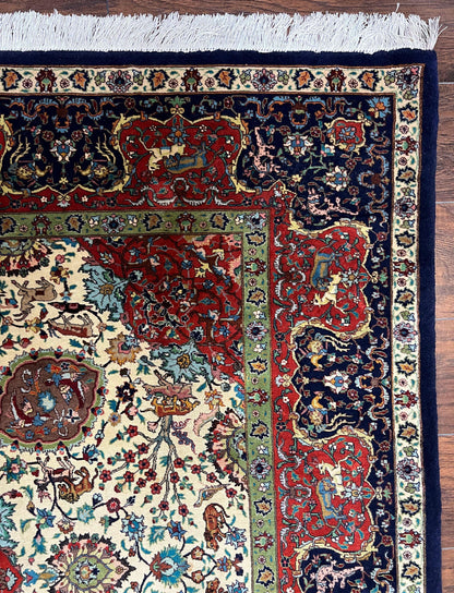 Wonderful Sino Persian Rug 6x10 with Animal Pictorial Motifs, Cream Dark Red Navy Blue, Birds Gazelles, Two Medallions, Top Quality Handmade