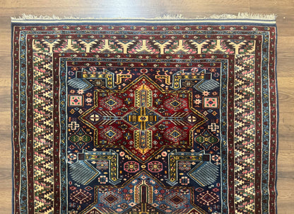Indian Rug with Caucasian Design, 4x6 Geometric Carpet, Navy Blue and Cream