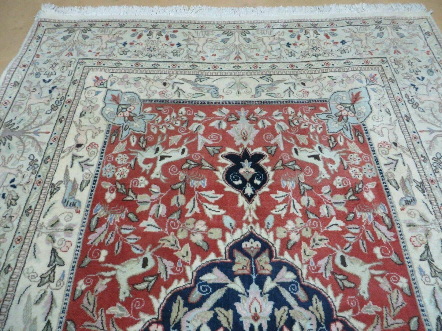 6' X 9' Vintage Handmade India Oriental Floral Wool Rug Hunting Bird Deer Nice