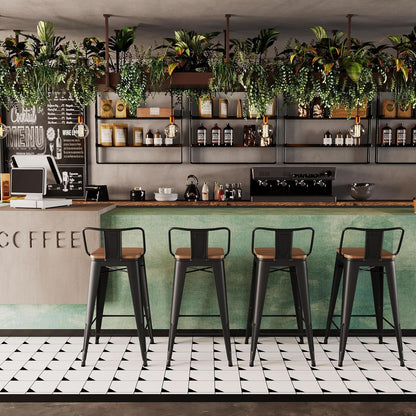 30 Inch Low Back Metal Barstools With Wooden Seat