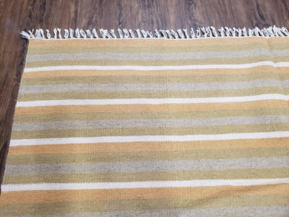 New Indian Kilim Area Rug, 6x8 - 7x8 South American Style Blanket, Striped Indian Wool Hand-Woven Flat Weave 6x9 Bedroom Rug, Ivory Ochre