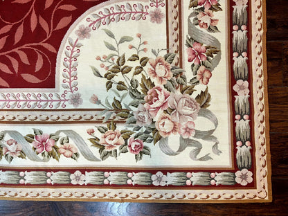 Wonderful Aubusson Rug 9x12, Handmade Vintage Needlepoint Carpet, Red and Ivory, Elegant European Design, Wool