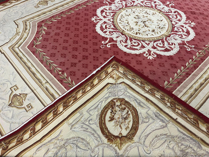 Aubusson Rug 9x12 ft, Red and Ivory Elegant Aubusson Carpet, Flatweave, Vintage Wool Handmade Area Rug 9 x 12, French European Design