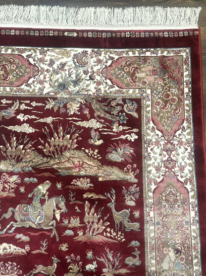 Turkish Silk Rug 3x5, Hunting Design, Dark Red & Ivory, Bamboo Silk, New