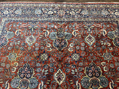 Persian Sarouk Rug 9x12, Red and Dark Blue Floral Allover Antique Persian Carpet, Handmade Wool Qazvin Rug