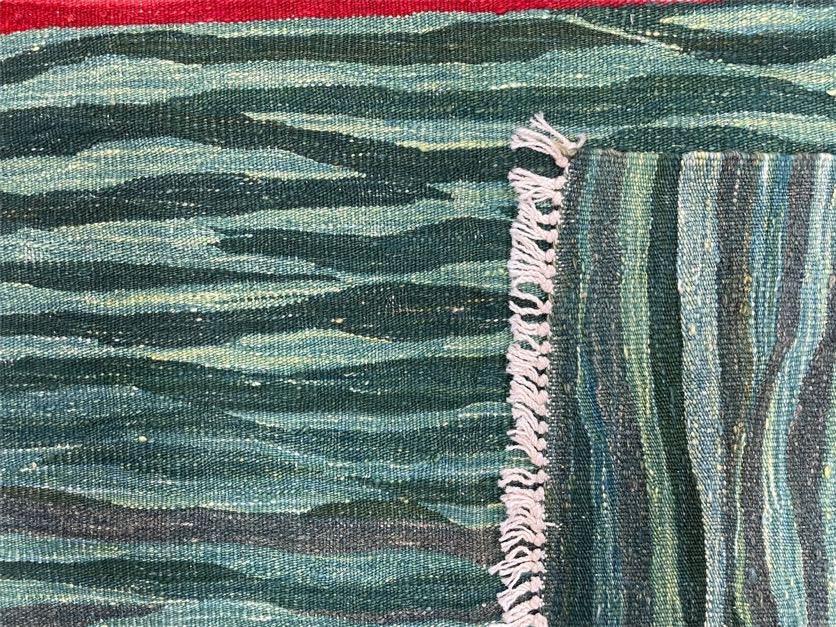 Sea Green Kilim Area Rug, White Blue Red Stripes, Russian Flag Rug, Flatweave Hand Knotted Carpet, Turkish Carpet, Wool, New, 5' 6" x 7' 10"