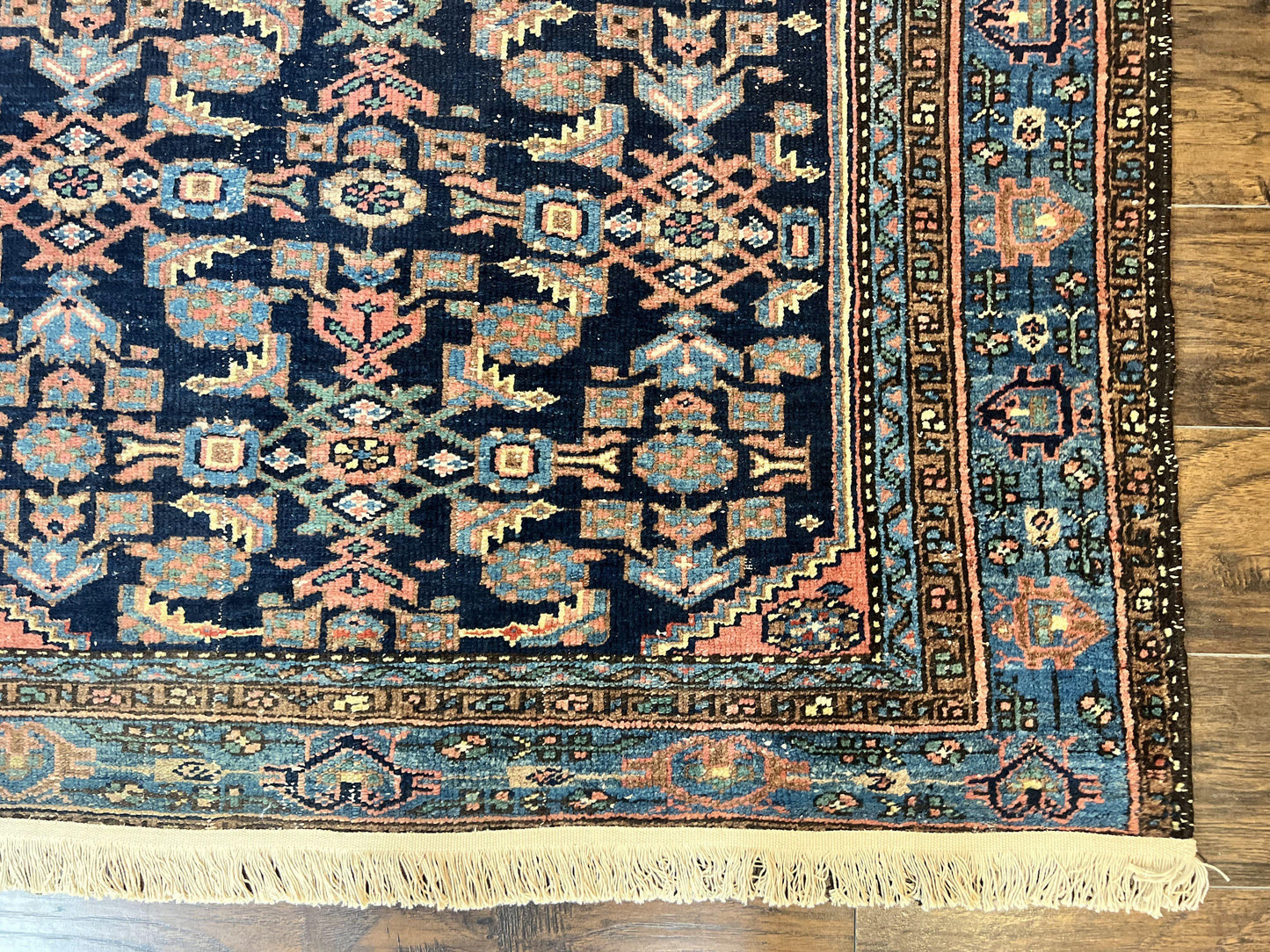 Antique Persian Tribal Rug 5x7, Navy Blue & Pink, Hand Knotted Handmade 1920s Wool Rug, Allover Pattern, Persian Hamadan Rug