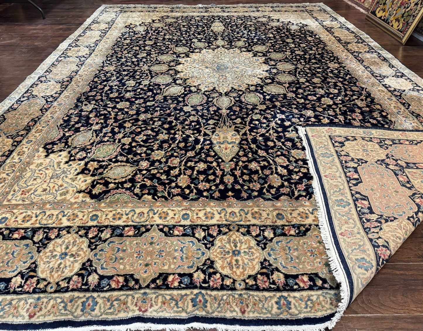 Large Persian Kerman Rug 10x14, Navy Blue and Beige, Floral Medallion, Traditional Elegant Persian Carpet, Signed by Masterweaver