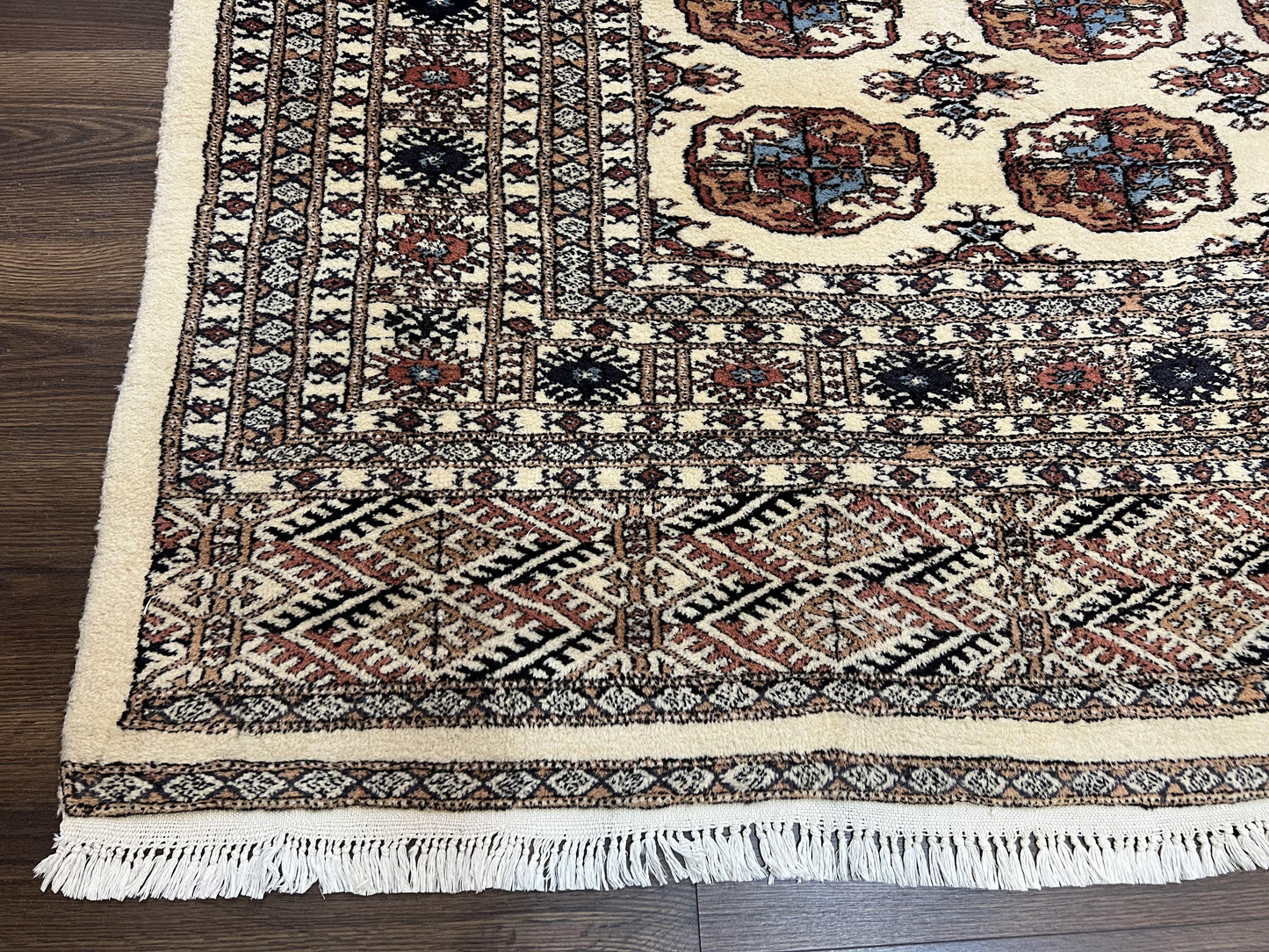 Pakistani Bokhara Rug 8x10, Traditional Turkoman Tribal Carpet, Allover Repeated Elephant Foot Motif, Ivory/Cream Black Red, Vintage Handmade