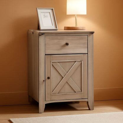 Barnwood Rustic Nightstand With X Shaped Barn Doors Grey