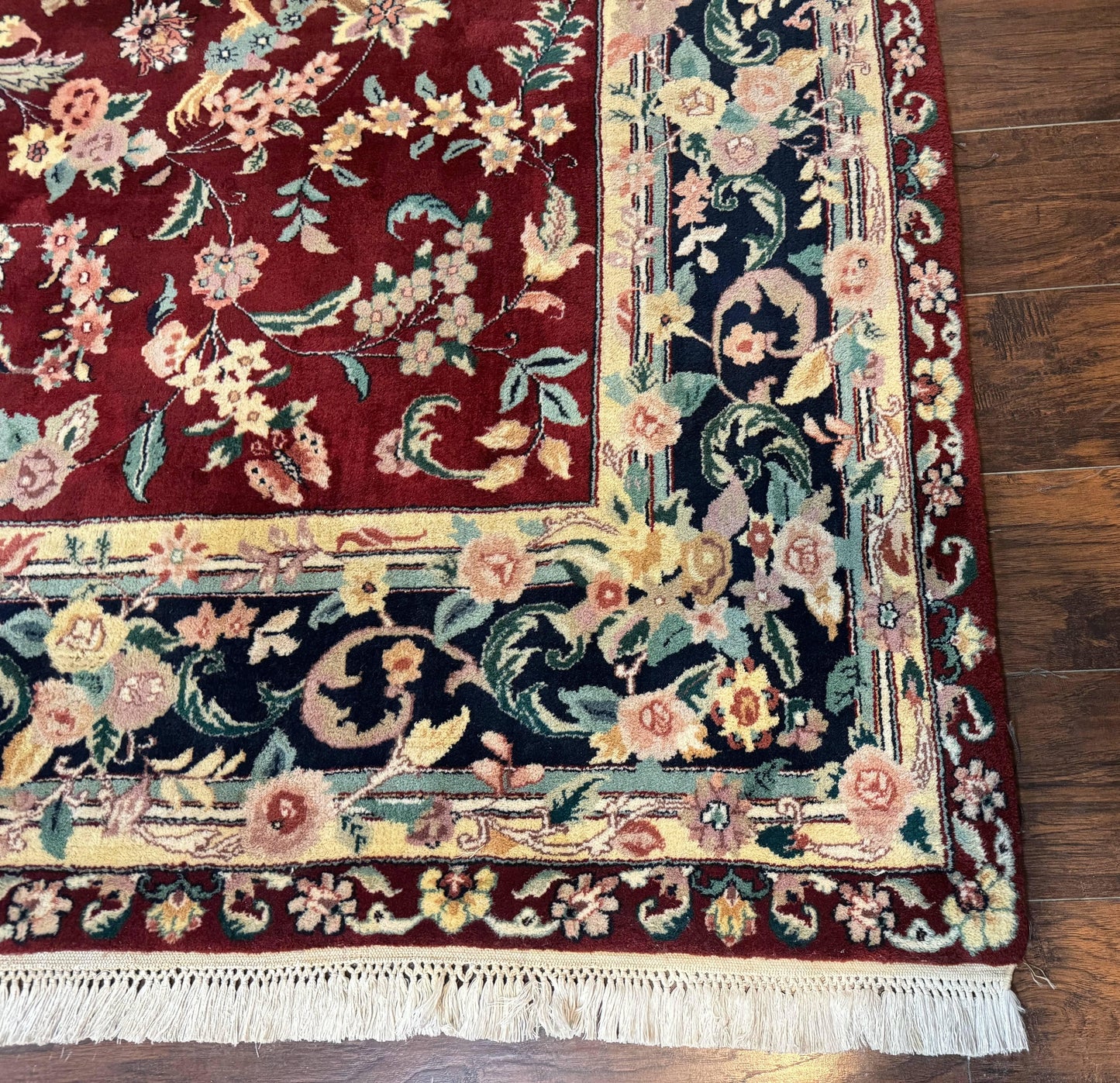 Indo Persian Rug 8x10, Floral Allover with Bird Pictorials, Maroon and Navy Blue, Handmade Wool Area Rug