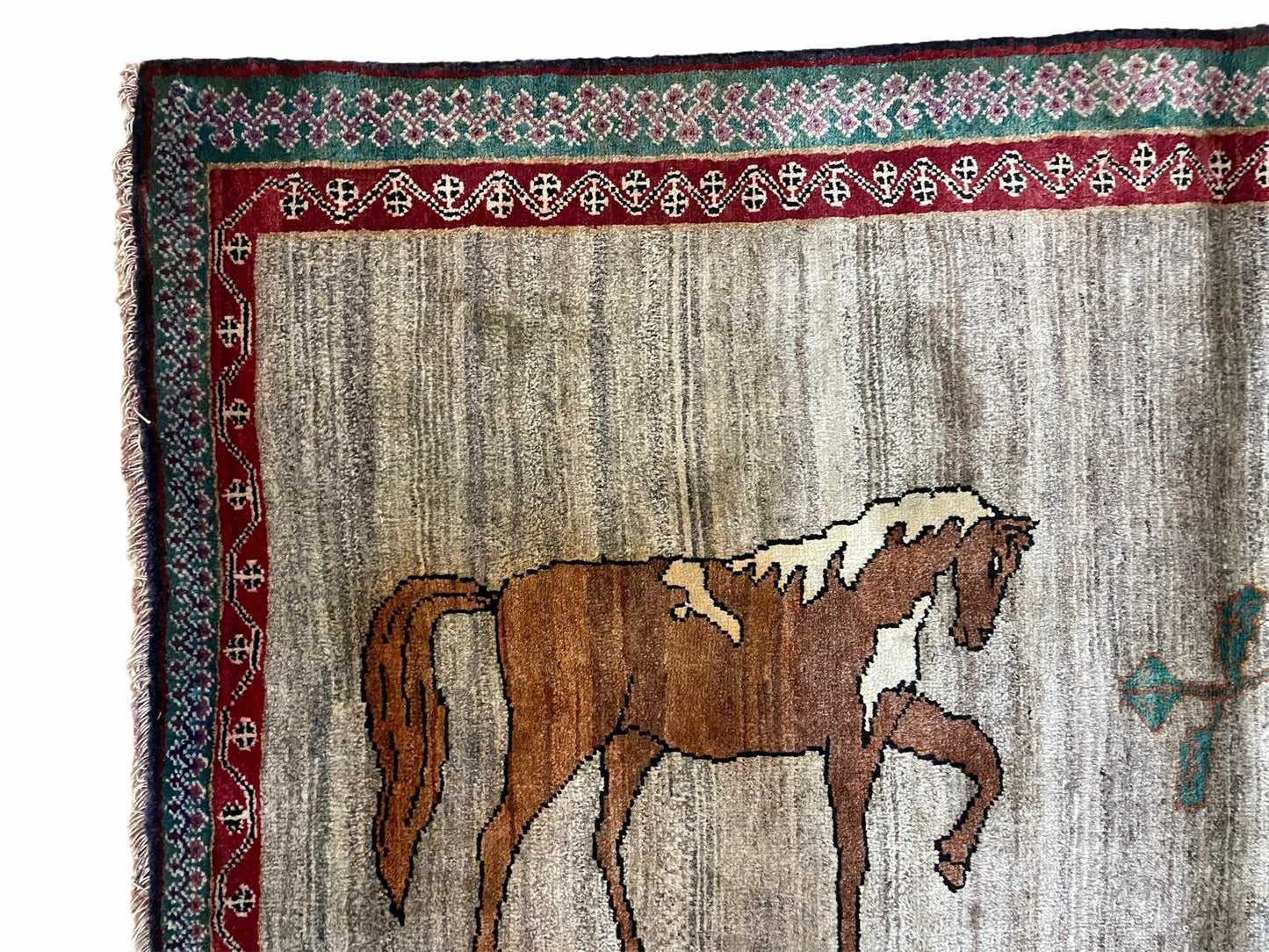 4 X 6 Handmade Rug Zagros New Vintage Quality Wool Rug Horses Silver Brown Nice