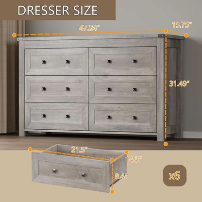 Six Drawer Dresser With Metal Handles Storage Unit