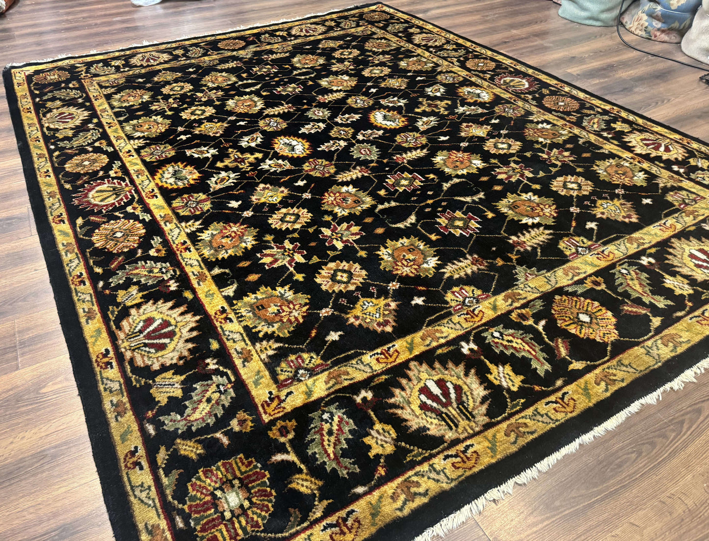 Indo Persian Mahal Rug 8x10, Black and Gold, Wool Hand Knotted Oriental Carpet