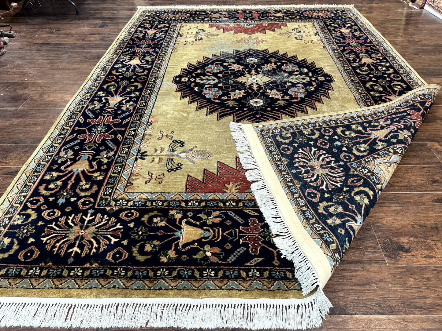 Indo Persian Heriz Rug 8x12, Camel Hair Tan and Navy Blue, Decorative