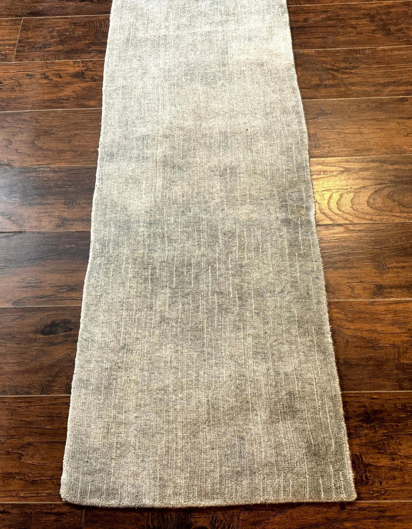 Modern Tibetan Runner Rug 1.9 x 8.6, Wool and Silk Highlights, Gray/Silver, Narrow Runner for Hallway or Kitchen