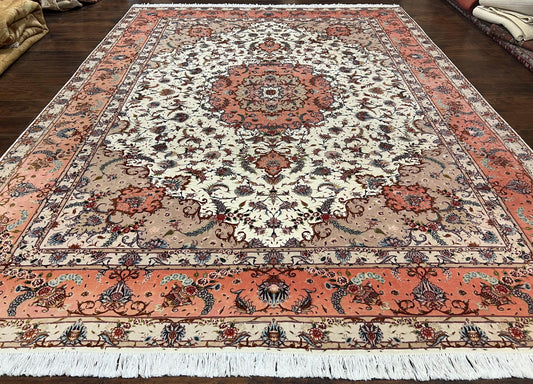Wonderful Persian Tabriz Rug 9x12, Floral Medallion, Ivory and Salmon Red, Hand Knotted, Wool with Silk Accents, Very Fine Vintage Oriental Carpet