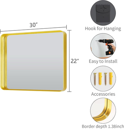 Bathroom Mirror 22x30 Inch Wall Mounted Gold Frame Tempered