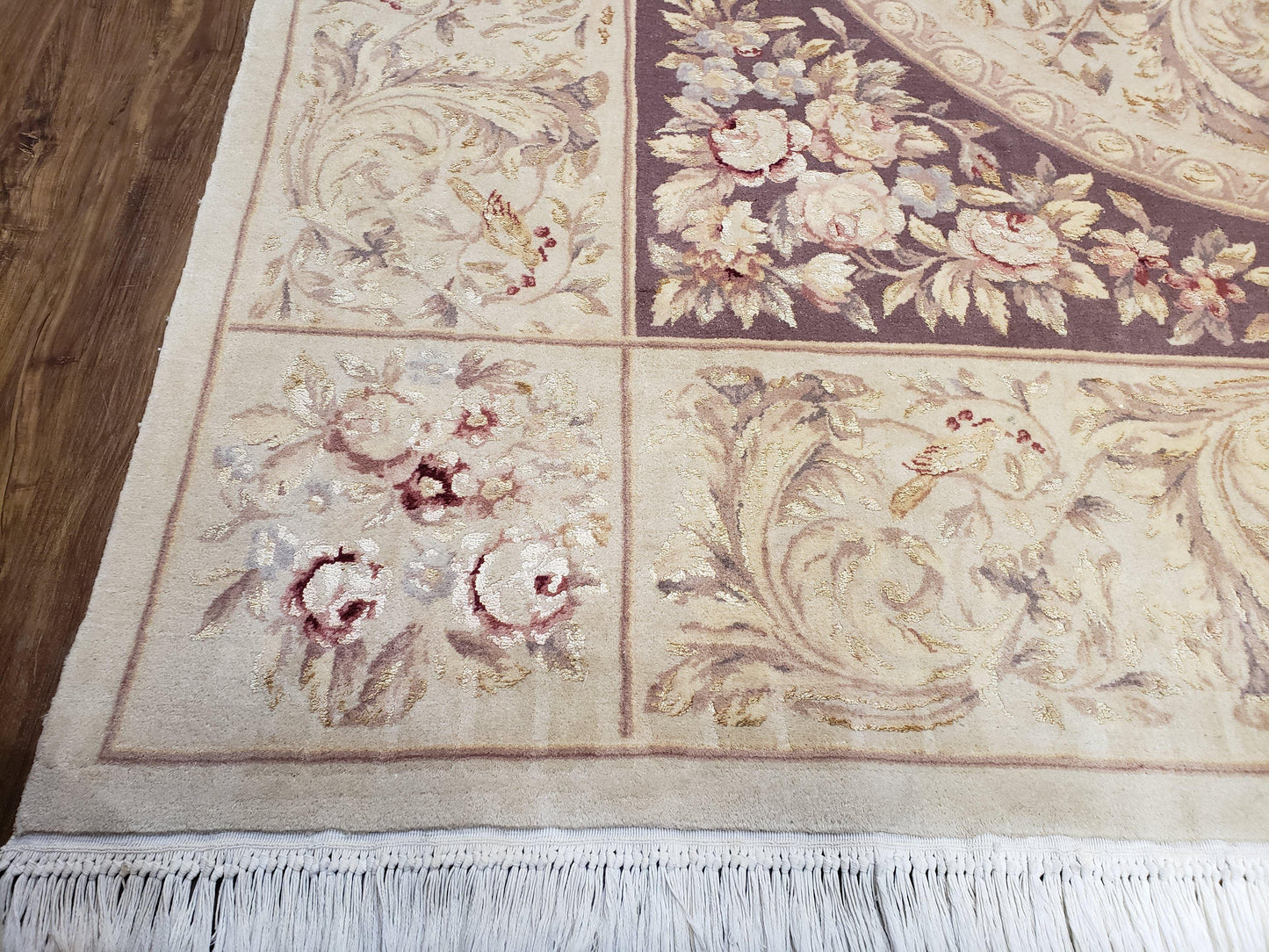 Chinese Aubusson Savonnerie Area Rug 8x12, Vintage 120 Line Carpet, Wool and Silk Hand-Knotted, Birds Flowers Master Weaver Signature
