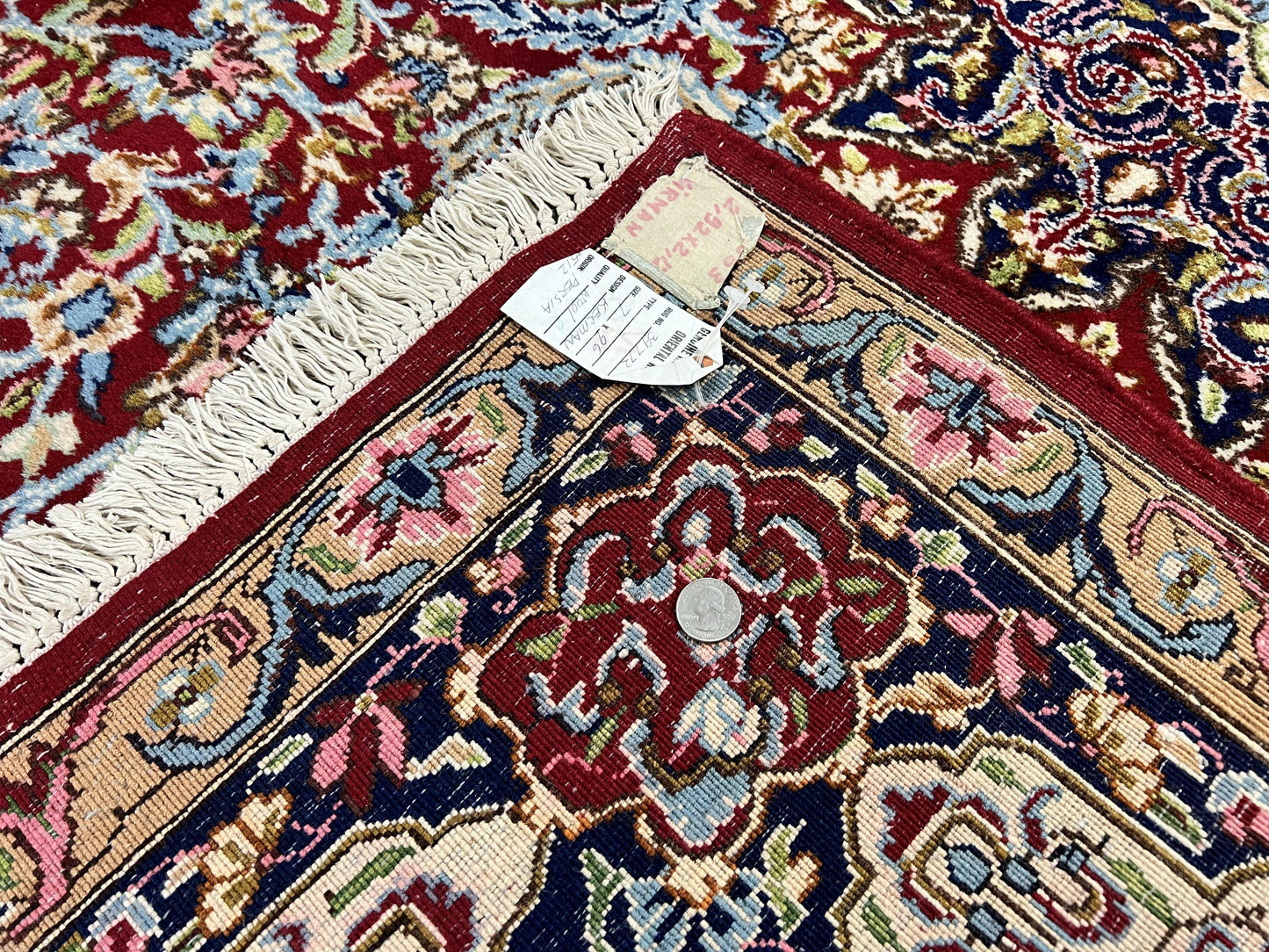 Persian Rug 7x10, Kirman Oriental Carpet 7 x 10 ft, Hand Knotted Wool Floral Medallion Semi Antique Persian Rug, Dark Red Light Blue Vintage