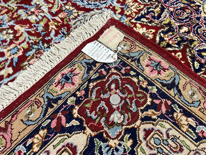 Persian Rug 7x10, Kirman Oriental Carpet 7 x 10 ft, Hand Knotted Wool Floral Medallion Semi Antique Persian Rug, Dark Red Light Blue Vintage