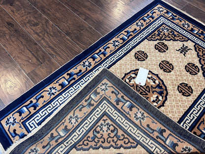 Chinese Peking Rug 3x5, Antique Chinese Art Deco Carpet, Blue Ivory Tan, Hand Knotted Wool Asian Oriental Rug 3 x 5 Vintage Small Peking Rug