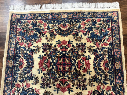 Square Persian Kerman Rug 4x4, Ivory Blue Pink, Handmade, Fine 225 KPSI
