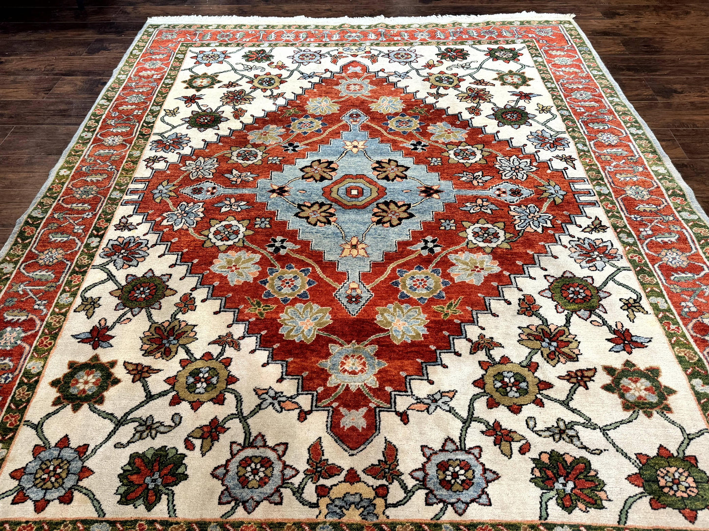 Indo Persian Heriz Rug 7x9, Geometric Pattern, Cream & Light Red, Handmade Vintage Wool Carpet
