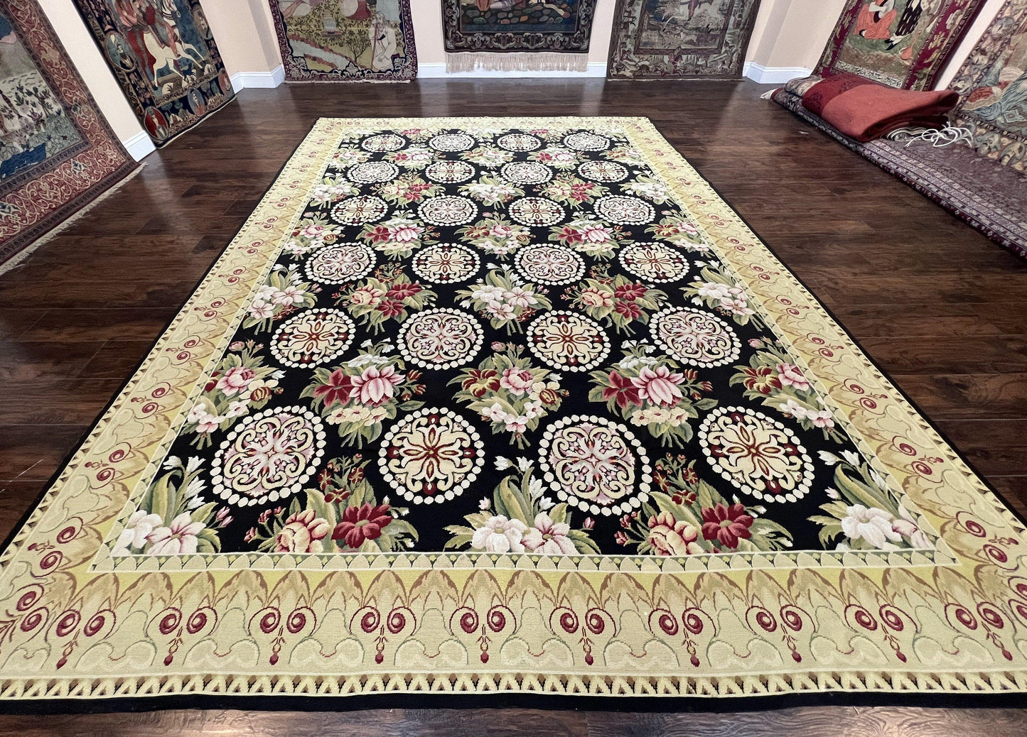 9x12 Black Needlepoint Rug, European Floral Panel Design, Handwoven, Vintage Chinese Needlepoint, Black Green Beige, Wool Rug 9 x 12