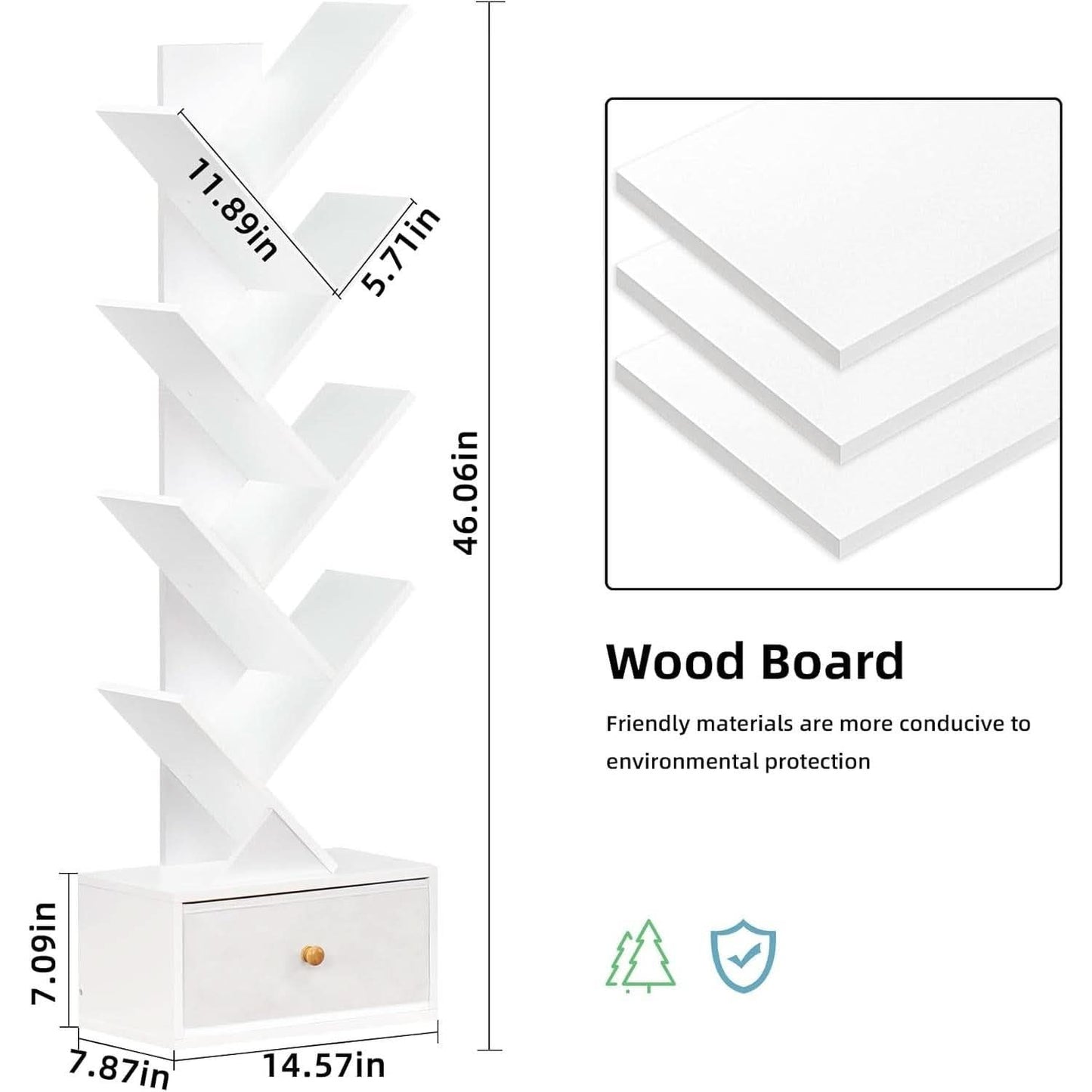 8 Tier Tree Bookshelf With Drawer White Wood Space Saving