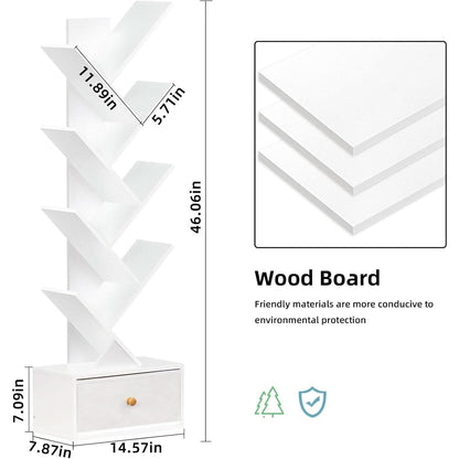 8 Tier Tree Bookshelf With Drawer White Wood Space Saving