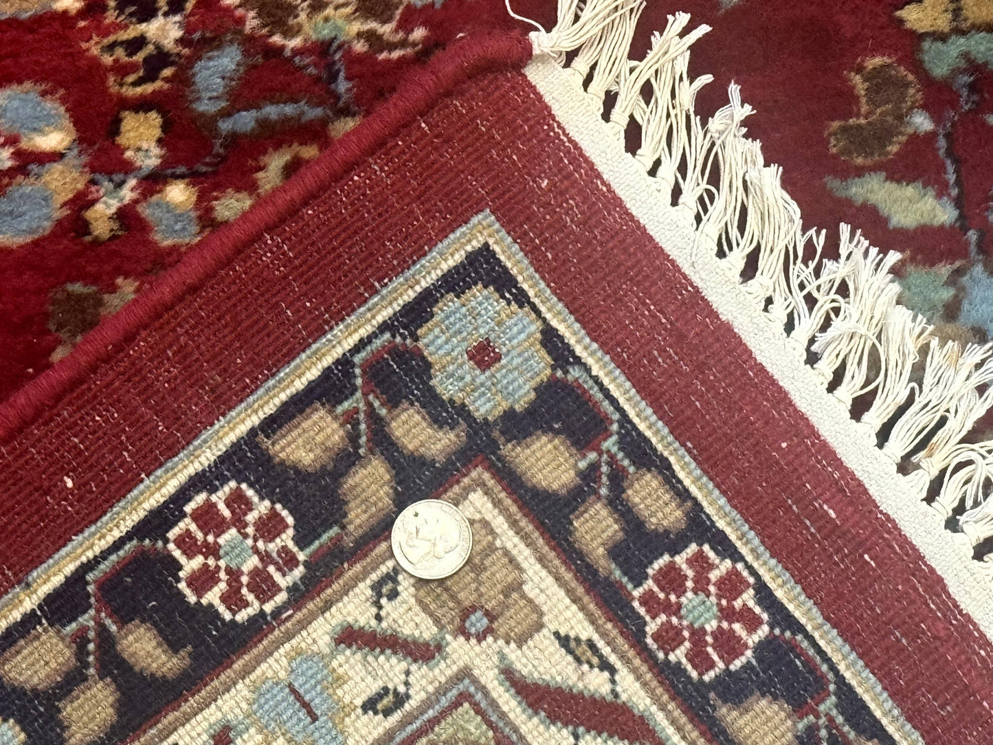 Indo Persian Sarouk Rug 10x14, Large Red and Navy Blue Carpet, Traditional Floral Wool Rug