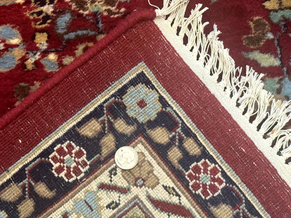 Indo Persian Sarouk Rug 10x14, Large Red and Navy Blue Carpet, Traditional Floral Wool Rug