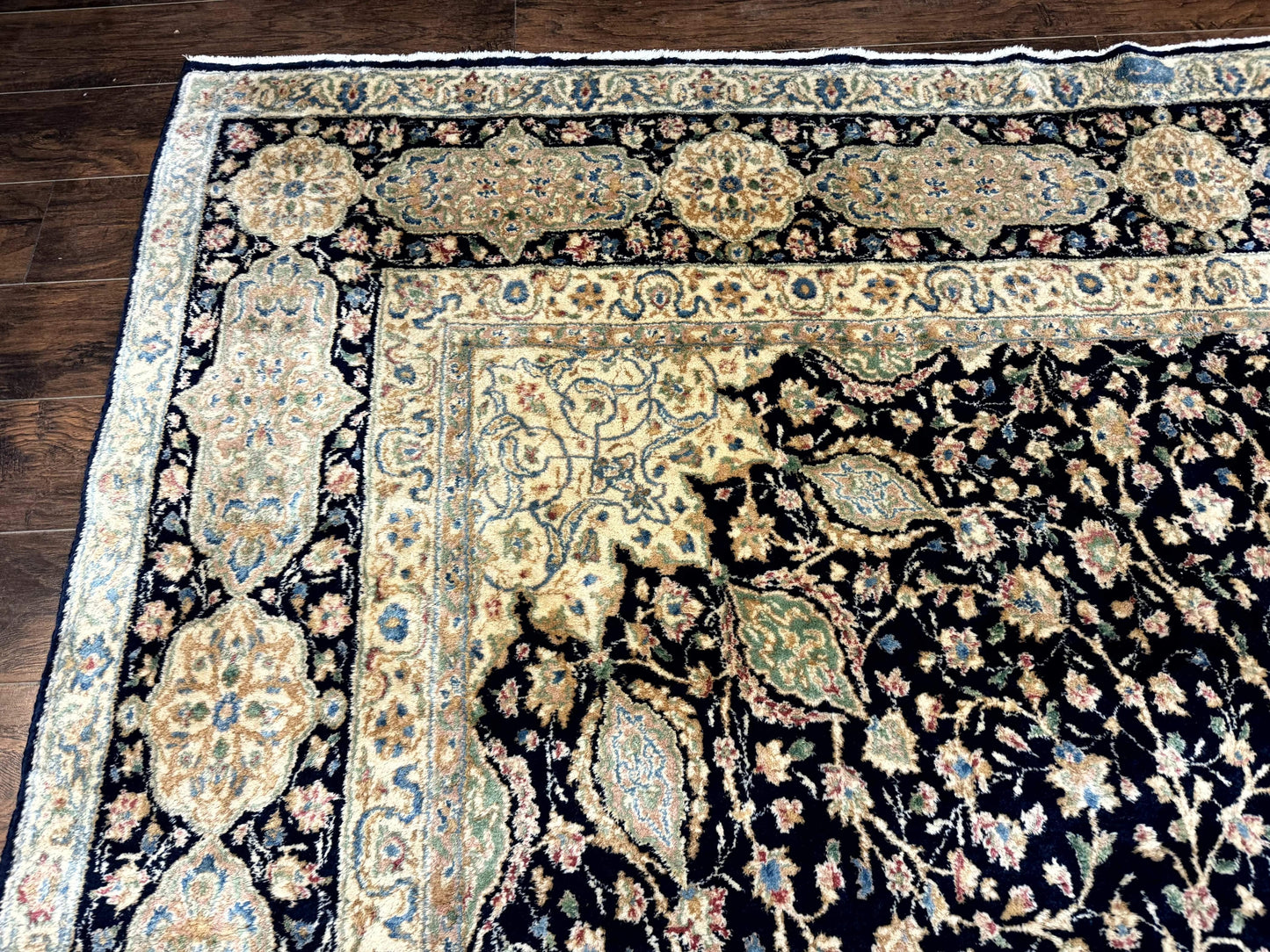 Large Persian Kerman Rug 10x14, Navy Blue and Beige, Floral Medallion, Traditional Elegant Persian Carpet, Signed by Masterweaver