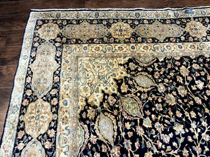 Large Persian Kerman Rug 10x14, Navy Blue and Beige, Floral Medallion, Traditional Elegant Persian Carpet, Signed by Masterweaver